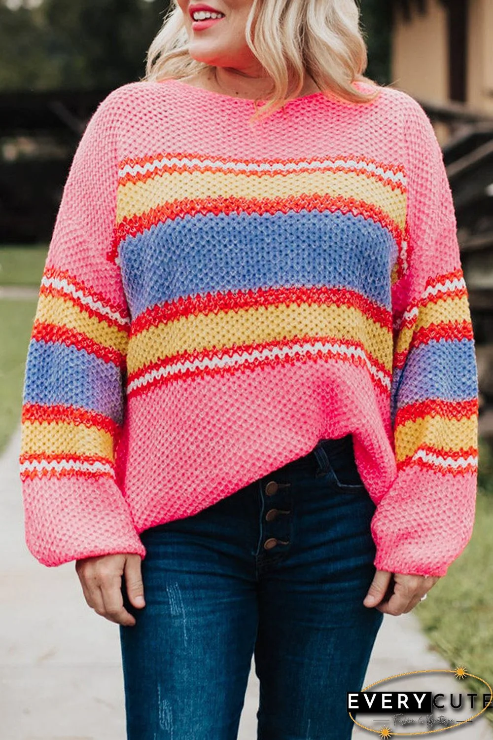 Pink Plus Size Stripe Oversized Sweater