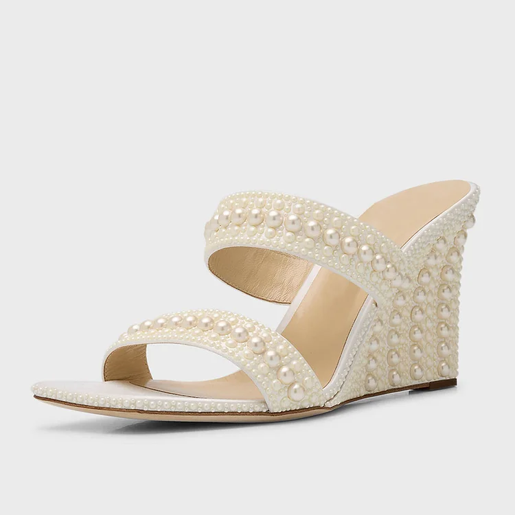 Elegant White Square-Toe Mule Heels Pearl Decor Wedge Sandals |FSJ Shoes