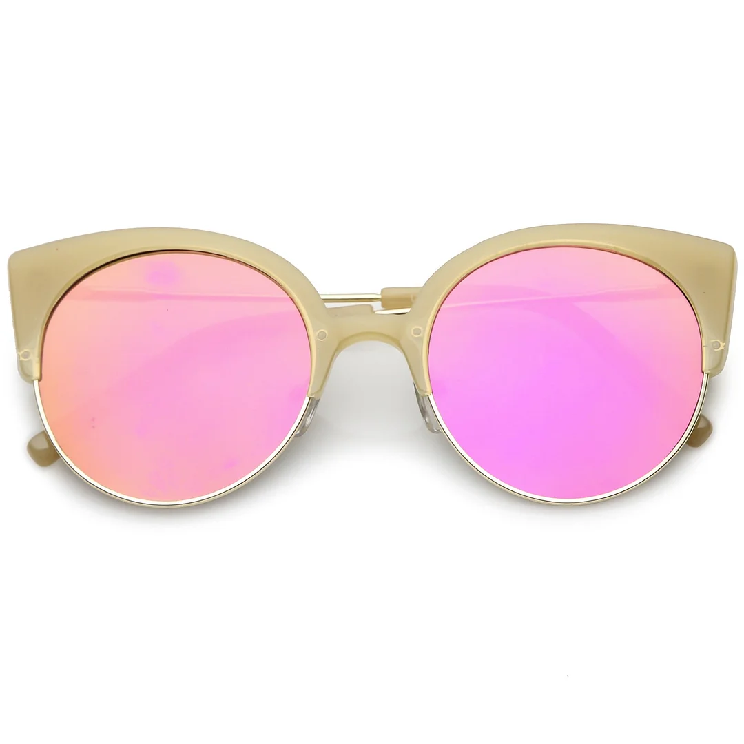 Women's Half Frame Cat Eye glasses Ultra Slim Arms Mirrored Round Flat Lens 53mm