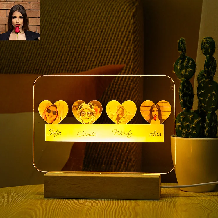 Personalized Photo Plaque Night Light Custom 4 Photos and Names Gifts
