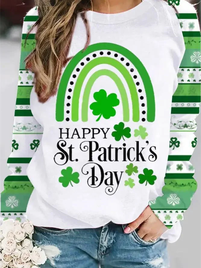 Women's Long Sleeve Scoop Neck Four Leaf Clover Printed Graphic Tops