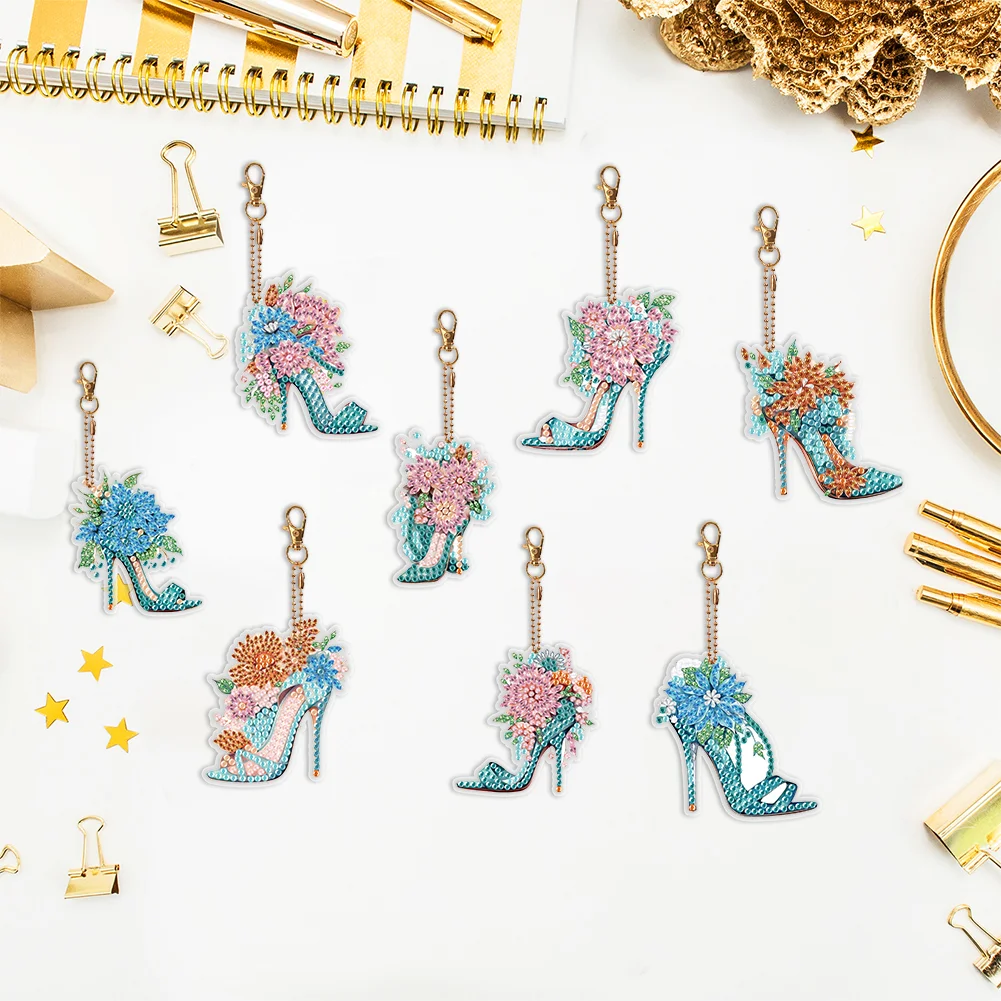 8pcs DIY Flower High Heels Diamond Keychains Pendant Double Sided Diamond Art Keychains