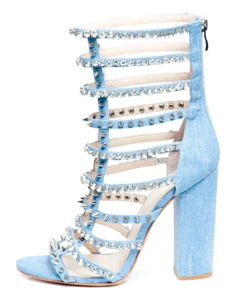 Blue Rivets and Rhinestones Strappy Chunky Heel Sandals Vdcoo