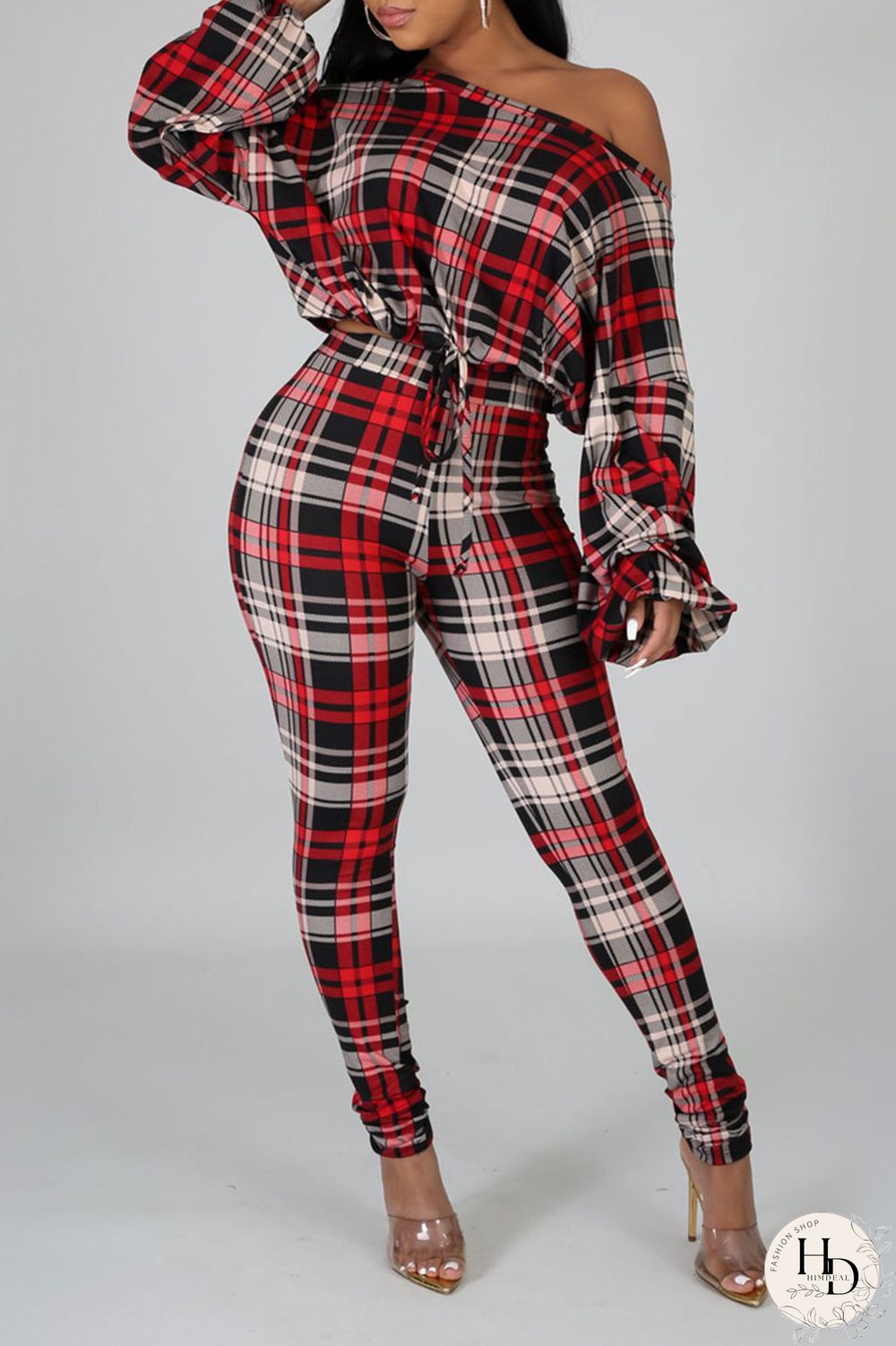 Rose Red Casual Print Split Joint Draw String O Neck Long Sleeve Two Pieces