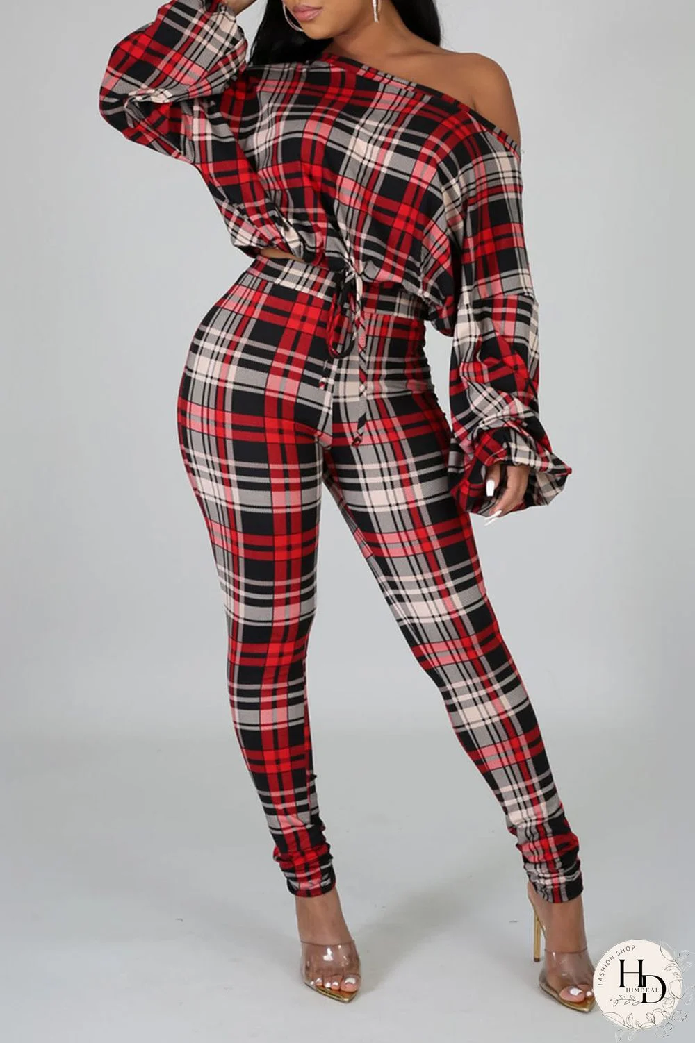 Rose Red Casual Print Split Joint Draw String O Neck Long Sleeve Two Pieces