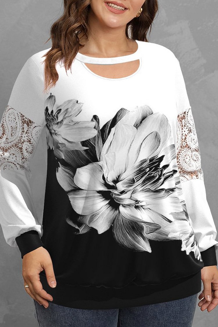 Flycurvy Plus Size Casual White Floral Print Lace Stitching Hollow Out Sweatshirt  flycurvy [product_label]
