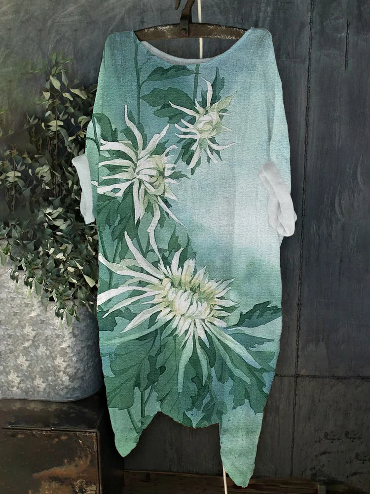 Comstylish Watercolor Chrysanthemum Print Linen Loose Flowy Long Shirt