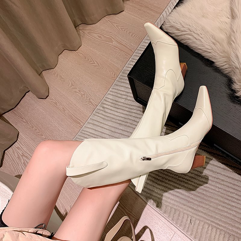 50mm Women Side Zip Block Heel Square Toe Western Boots-vocosishoes