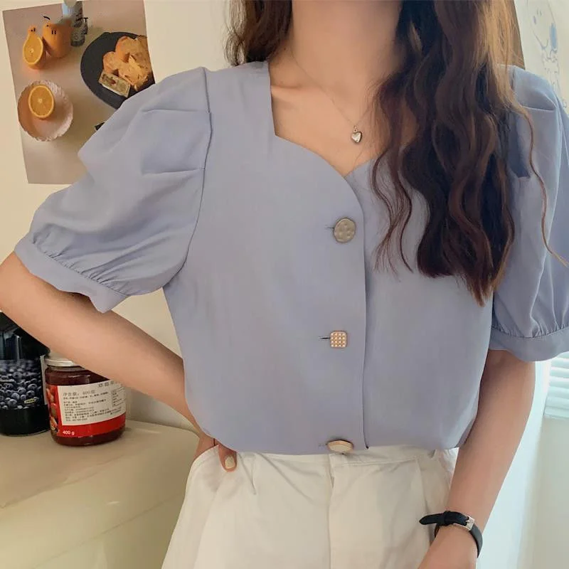 Shirts Women Square Collar Puff Sleeve Button Korean Style Elegant Chiffon Trendy Female Top Blusas All-match Summer Popular Ins