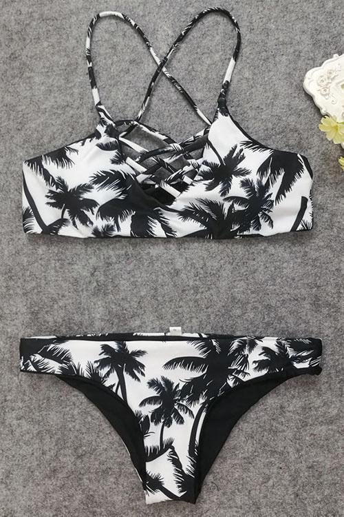 Black Palm Tree Print Crisscross Sexy Strappy Bikini-elleschic