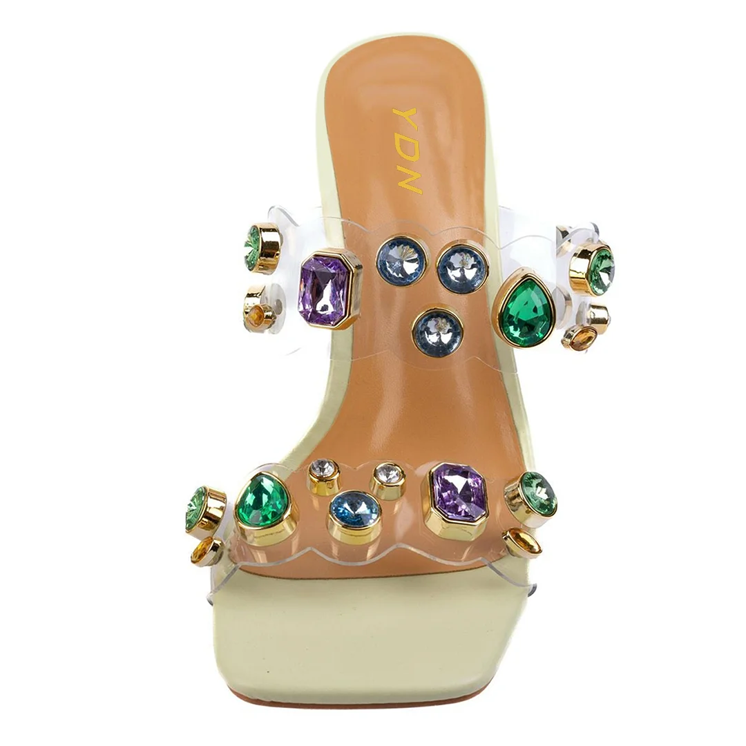 Ivory Vegan Leather Square Toe Colorful Rhinestone Decorative Heels