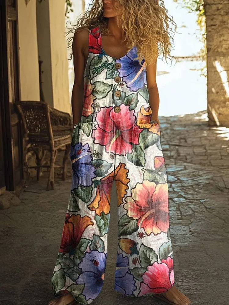 Women's Retro Floral Print Casual 100% Cotton Wide Leg Jumpsuit