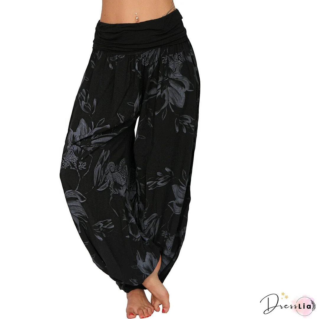 Novelty Black Print Elastic Waist Crop Harem Pants