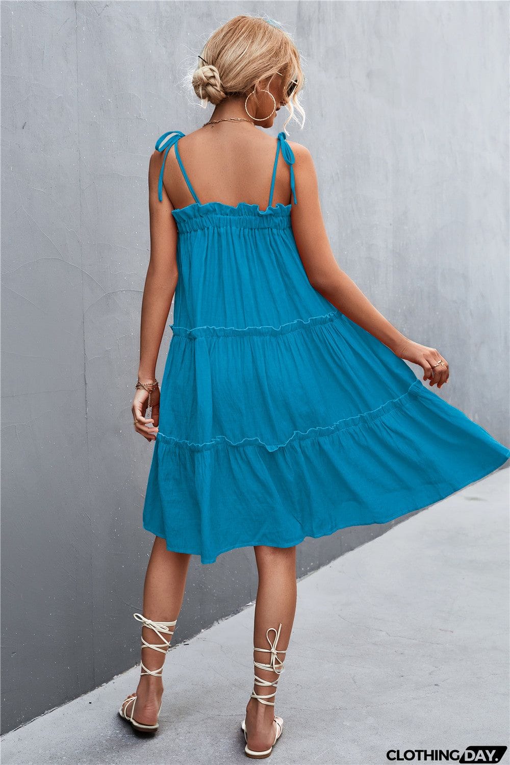 Tie-Shoulder Frill Trim Sleeveless Dress