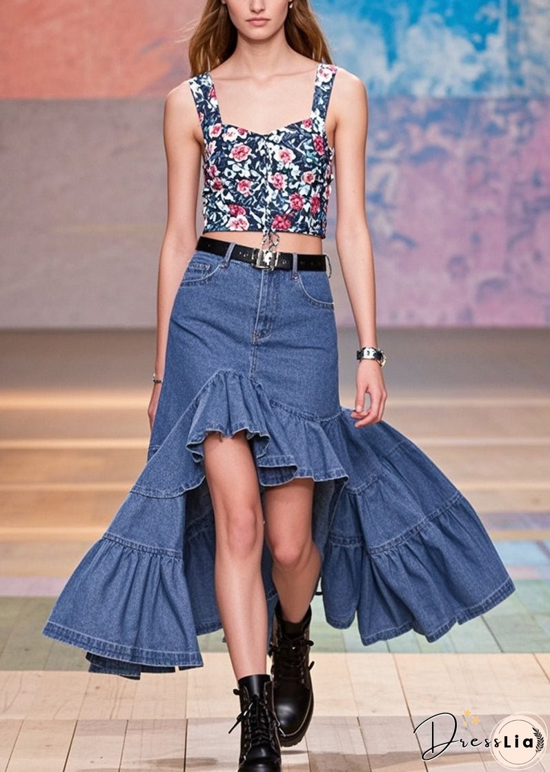 Stylish Blue Ruffles Patchwork Low High Design Denim Wraped Skirts Spring