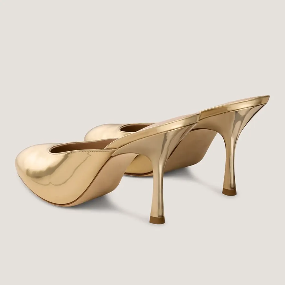 Gold Patent Leather Round Toe Stiletto Heel Womens Mules Shoes