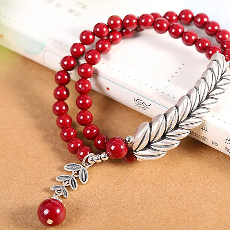 Silver Cinnabar Wheat Pattern Blessing Bracelet