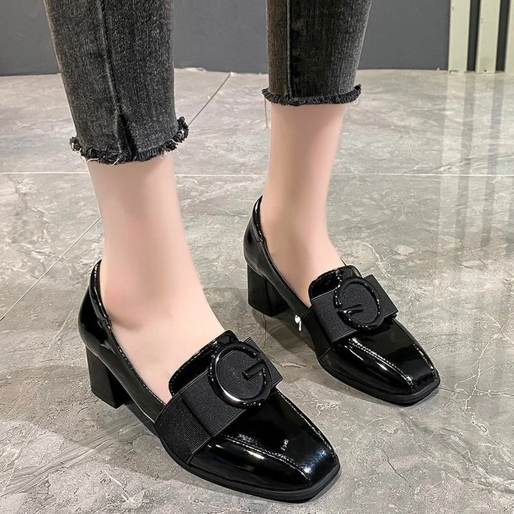 Wongn Wongn Women's Shoes Fashion Spell Color Square Head Patent Leather Small Leather Shoes Thick Heel Single Shoe Middle Heel Women's Shoes Work Shoes