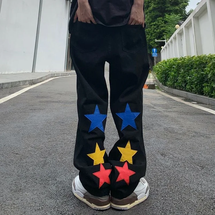 Hip Hop Denim Trousers Star Print Washed High Street Loose Pants at Hiphopee