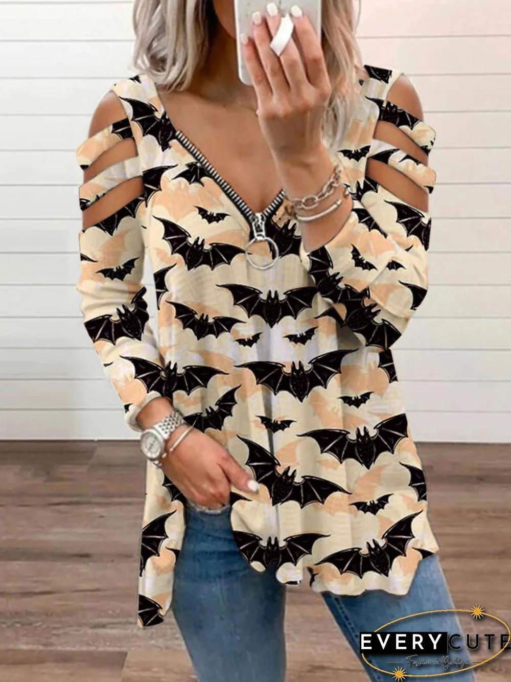 Halloween Print Cold Shoulder Blouse