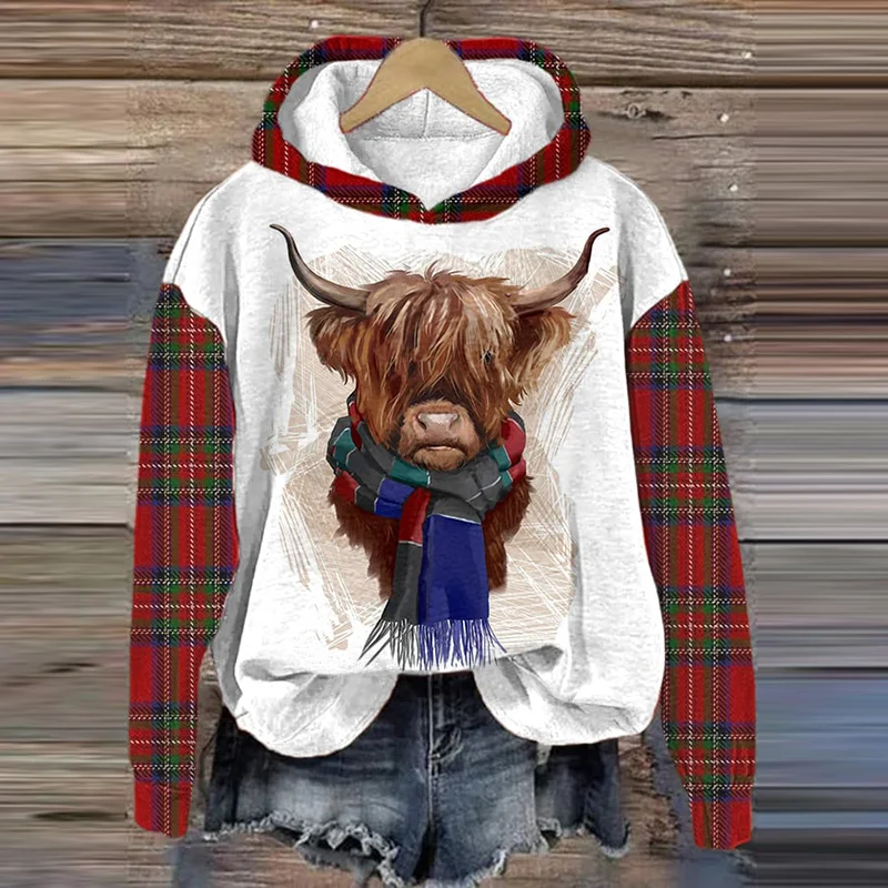 Women's Highland Cow Plaid Print Casual Hoodie