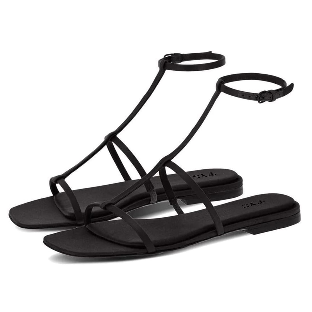 Black Satin Open Square Toe T-Strap Flat Sandals for Women Nicepairs