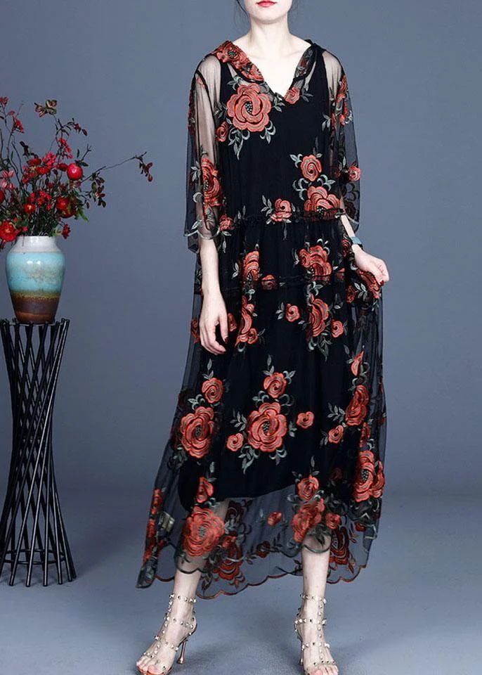 Art Black Embroidered Tulle hooded Two Pieces Set
