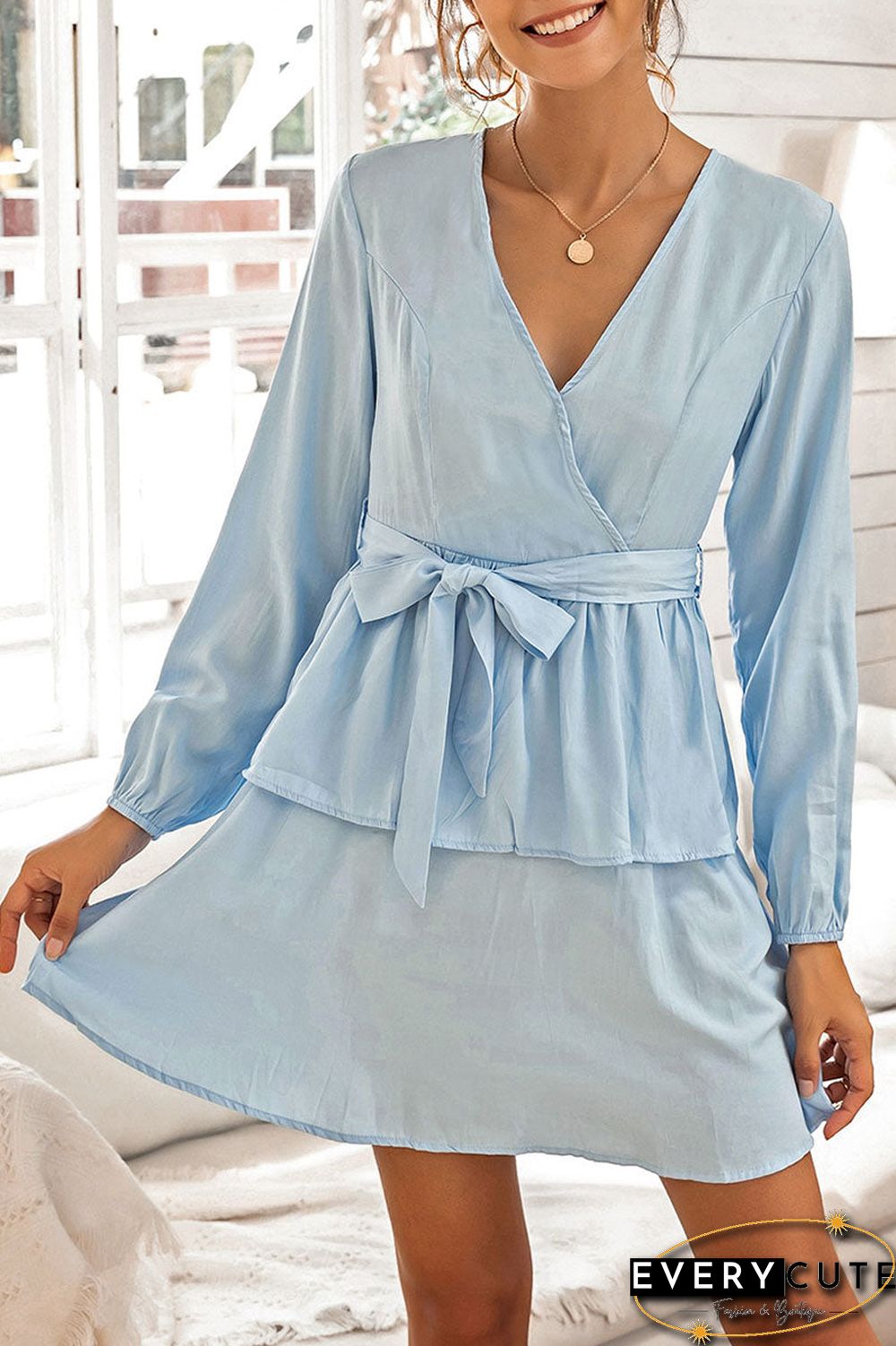 Fashion Sweet Solid Split Joint V Neck Cake Skirt Dresses