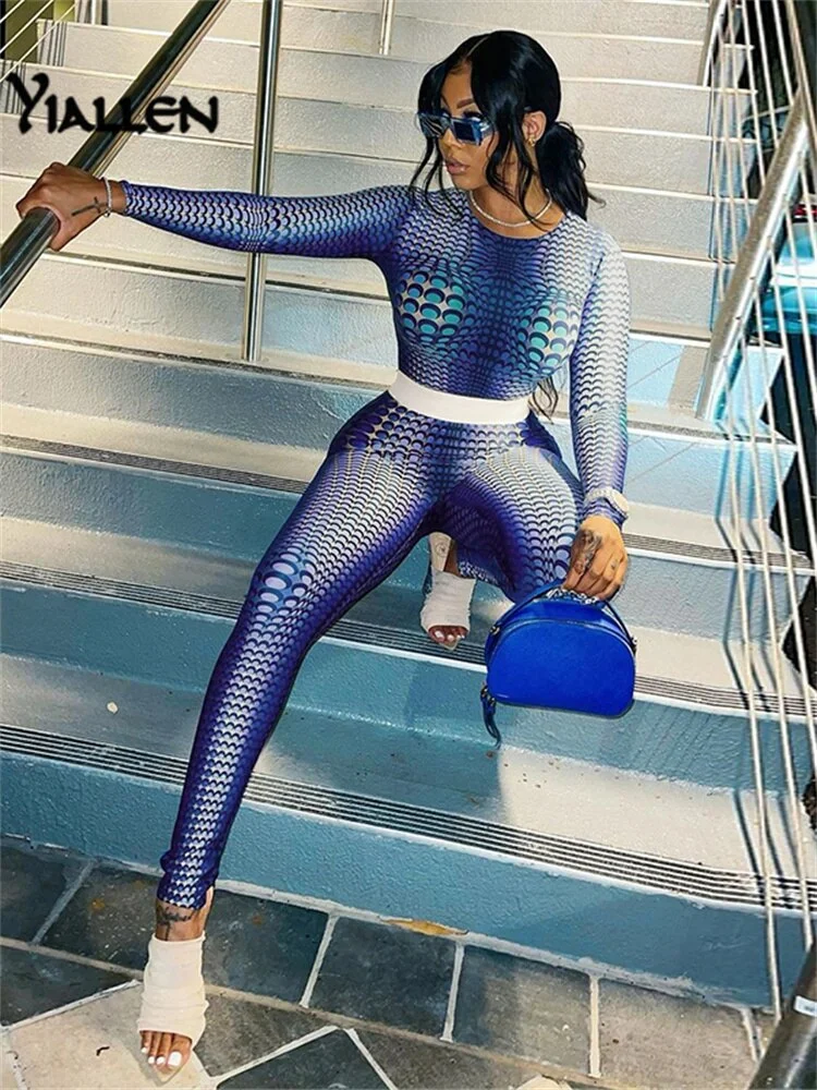 Yiallen Autumn Print 2 Piece Set Woman Long Sleeve Skinny Stretch Round Neck Top+Elastic Waist Skinny Pant High Street Wear Hot