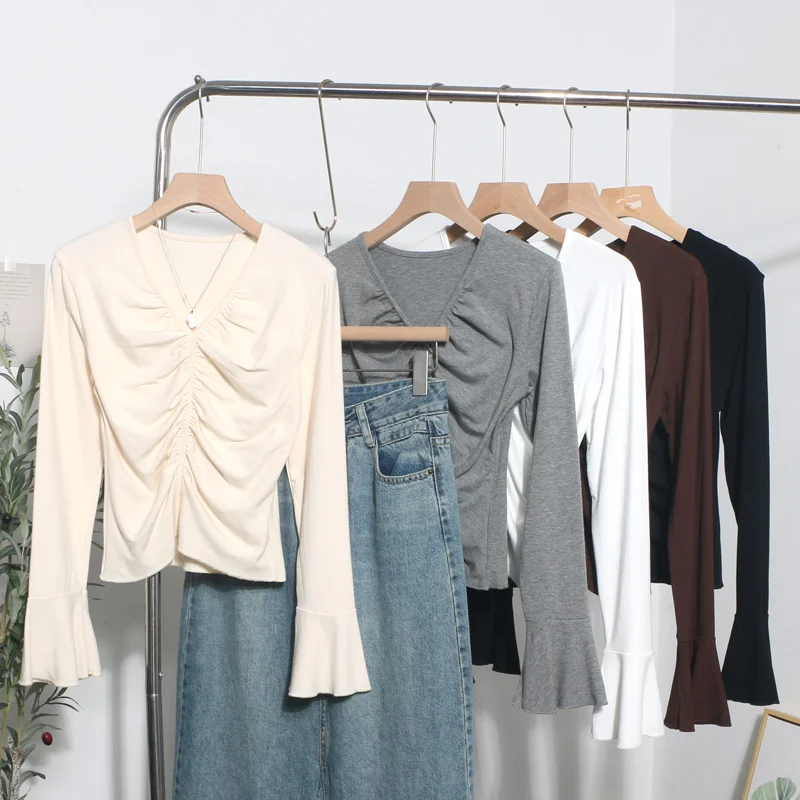 Uveng Real Shooting 2024 Autumn Dress Sexy V-Neck Folded Open Fork Short High-Waisted T-Shirt Horn Long Sleeve Bottom Top 161