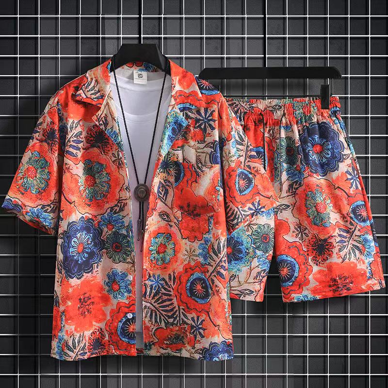 Wlmerlist New Summer Fashion Beach 2PCS Suits Mens Print Short Sleeve Shirt Tops And Shorts Two Piece Set Couple Hawaiian Holiday Outfits