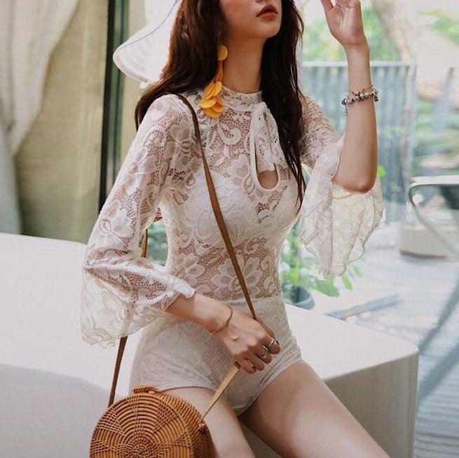 Kawaii Set: Lace Long-Sleeve Swimsuit + Cover-Up YP1176