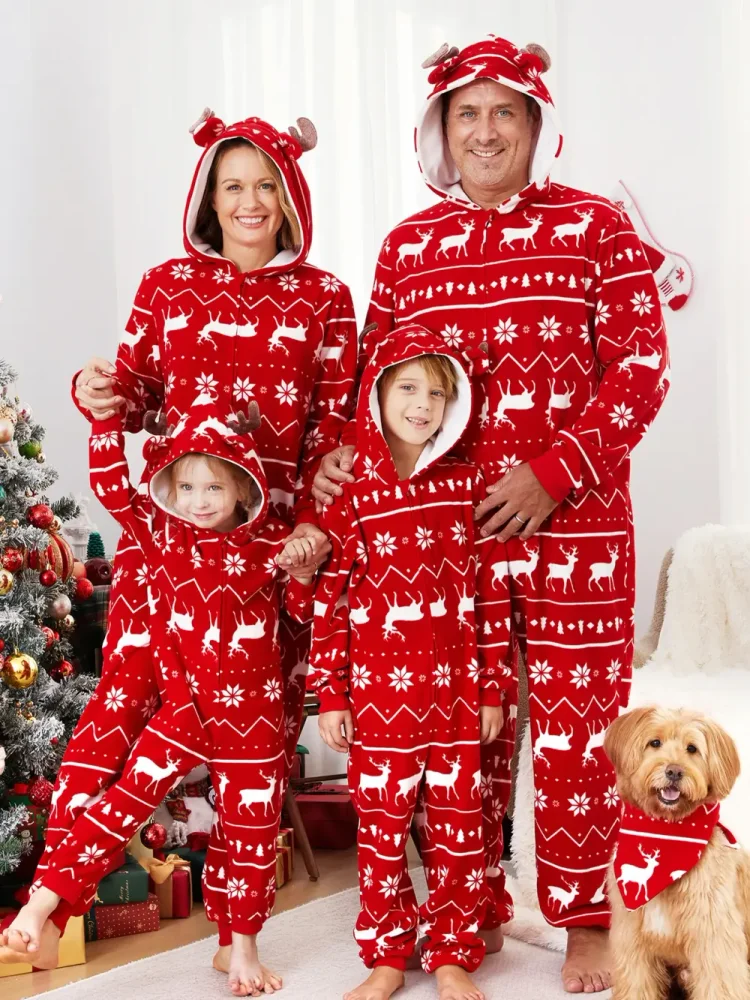 Christmas Pajamas Sets  Polar Fleece 3D Antler Reindeer Pattern Onesies Matching Family Outfits