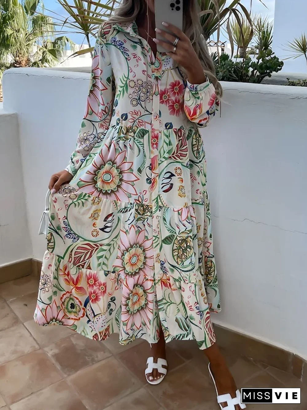 Elegant Floral Print Boho Long Dress Women Sexy Turn-down Collar Button Shirt Dress Spring Summer Loose Pleated Maxi Beach Dress