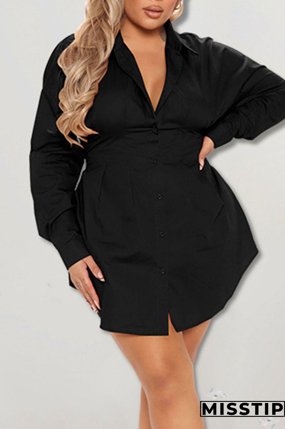 Black Casual Solid Patchwork Buckle Turndown Collar Shirt Dress Plus Size Dresses