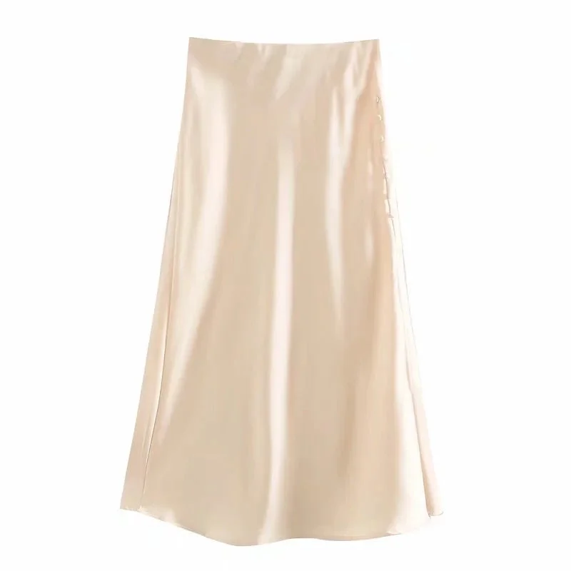 Billlnai Withered ins fashion blogger vintage solid satin buttons forking sexy midi skirt women faldas mujer moda long skirts womens