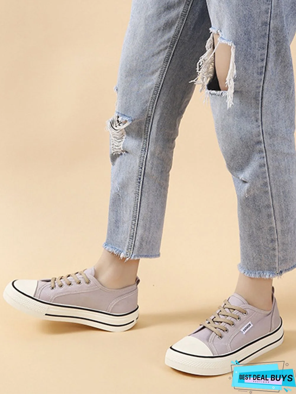 Casual Plain Color Split Joint Comfy Square Toe Lace-Up Canvas Shoes
