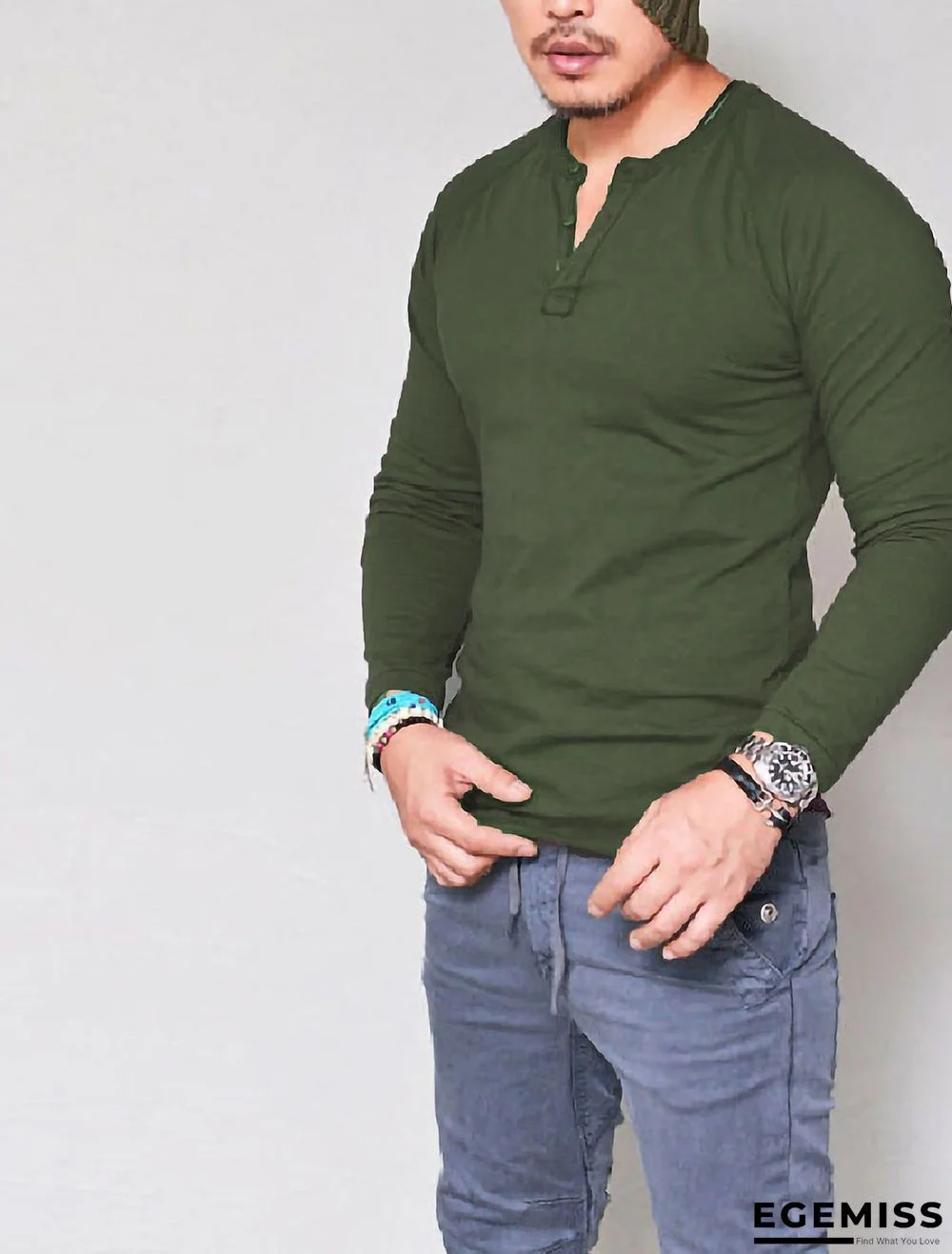 Men's Tee T shirt Solid Colored Button Long Sleeve Causal Tops Basic Classic Big and Tall | EGEMISS