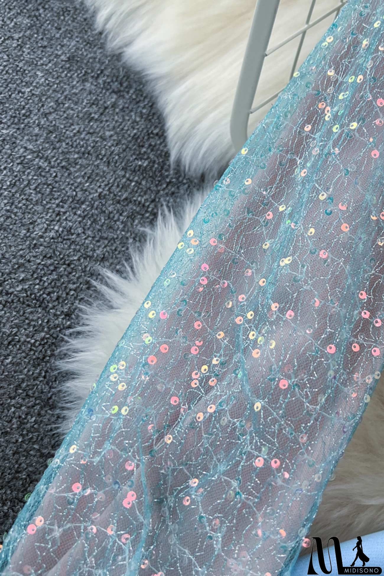 MidiSono - Fuzzy Sleeves Glitter Patchwork Jumpsuits