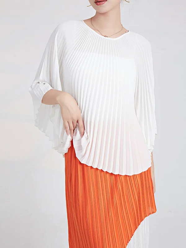 Batwing Sleeves Loose Pleated Solid Color Round-Neck T-Shirts Tops