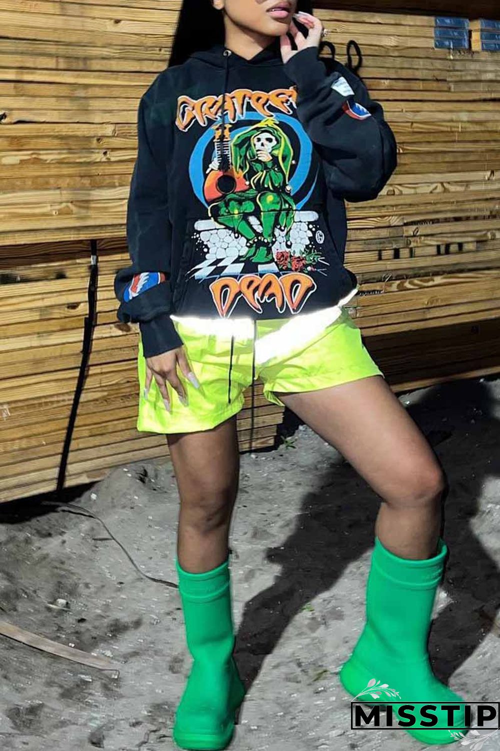 Black Street Print Letter Hooded Collar Tops