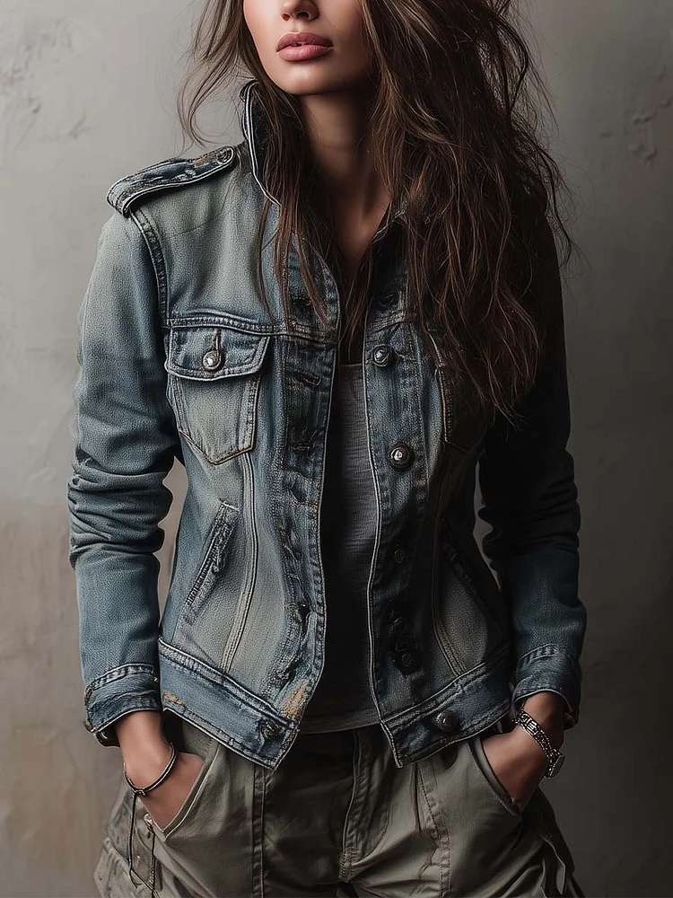 Washed And Faded Utility Denim Jacket