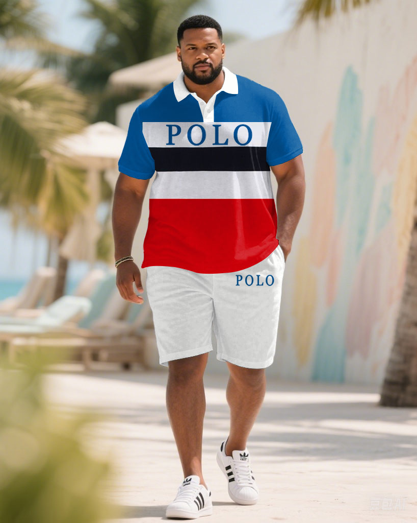 Men's large size Blue & Red & White & Black Patchwork Chest Logo Print Short-sleeved polo shorts set