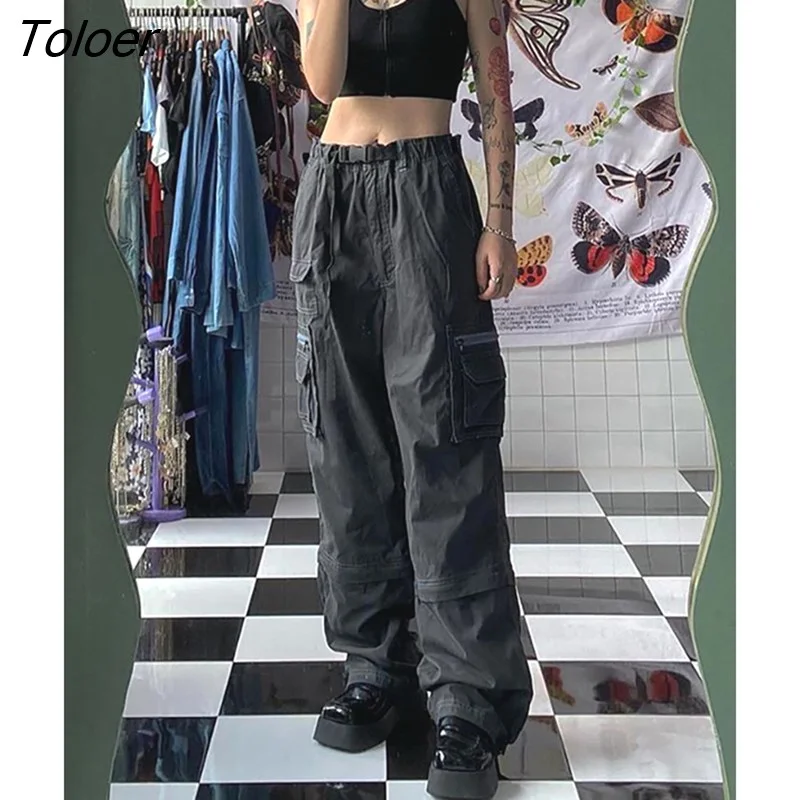 Toloer Cargo Jeans Women Jeans 2022 Autumn Vintage Fairycore Denim Capris Loose Long Pants Chic Punk Pockets Trousers Black