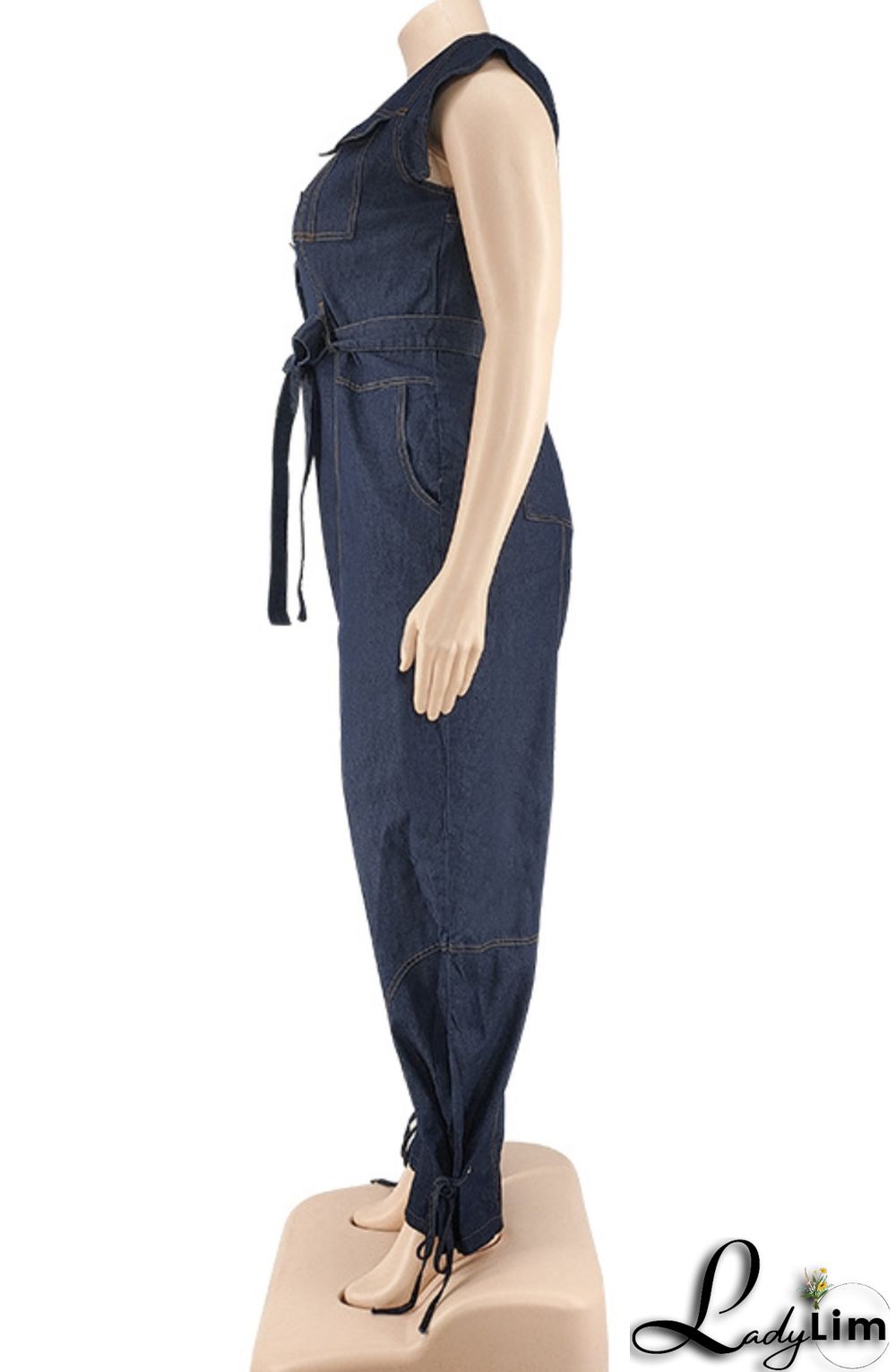 Summer Plus Size Sleeveless Denim Jumpsuit with Belt