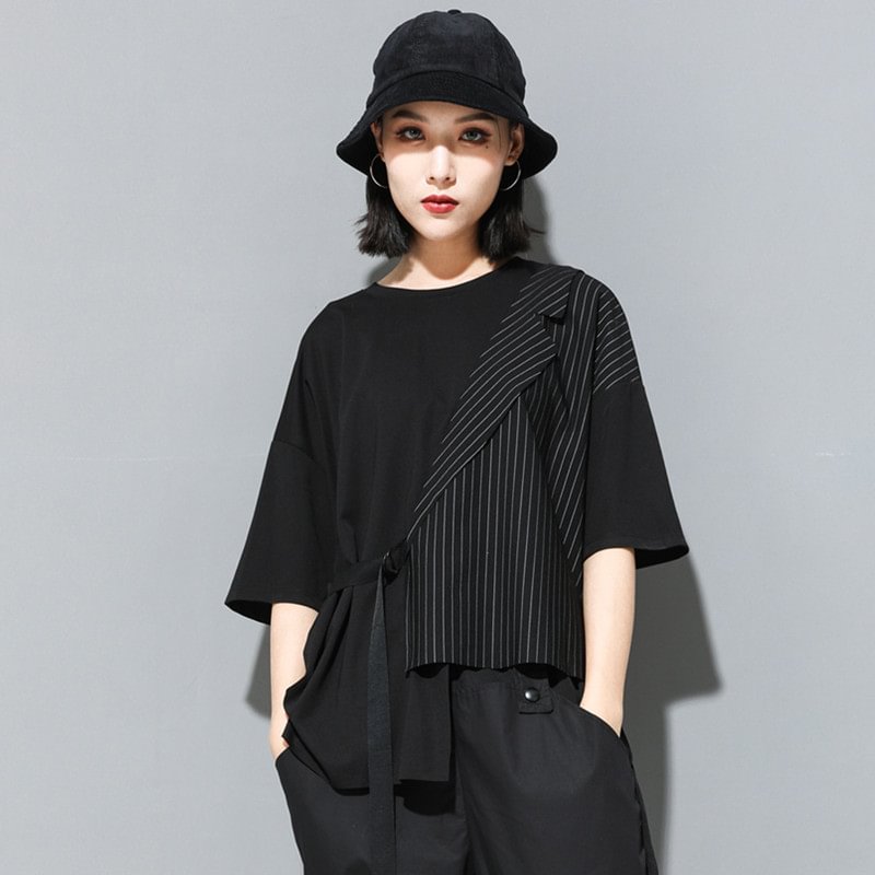 Women's T-shirt Style Cold Fake Suit Straight Lace-up Striped Patchwork Women