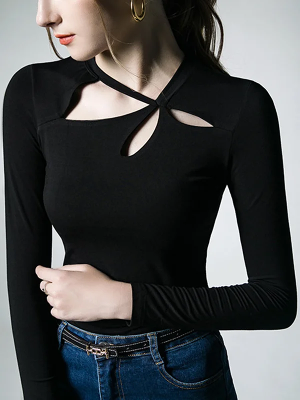 Solid Color Hollow Skinny Long Sleeves Asymmetric Collar T-Shirts Tops