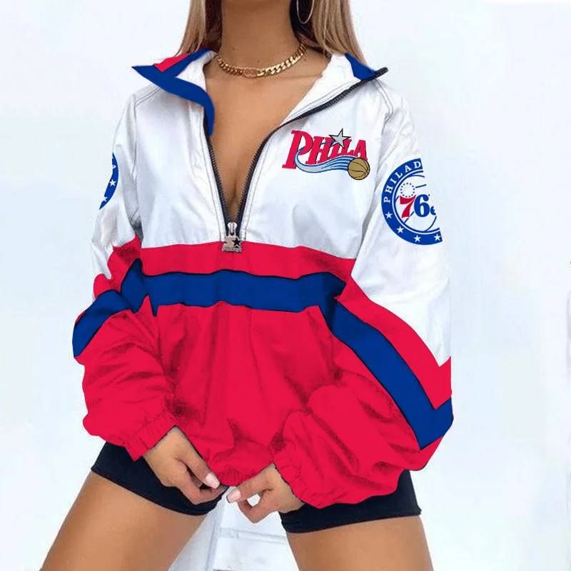Women's Support Philadelphia 76ers Basketball Print V Neck Zipper Sweatshirt Jacket