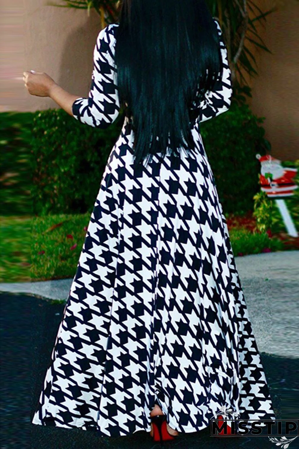 Blue Fashion Casual Print Bandage V Neck Long Sleeve Dresses