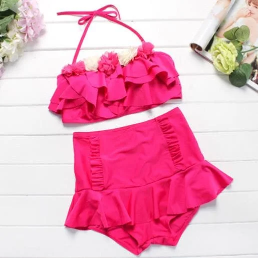 Hot Pink/Green/Pink Pastel Falbala Two-Piece Swimsuit SP1812157